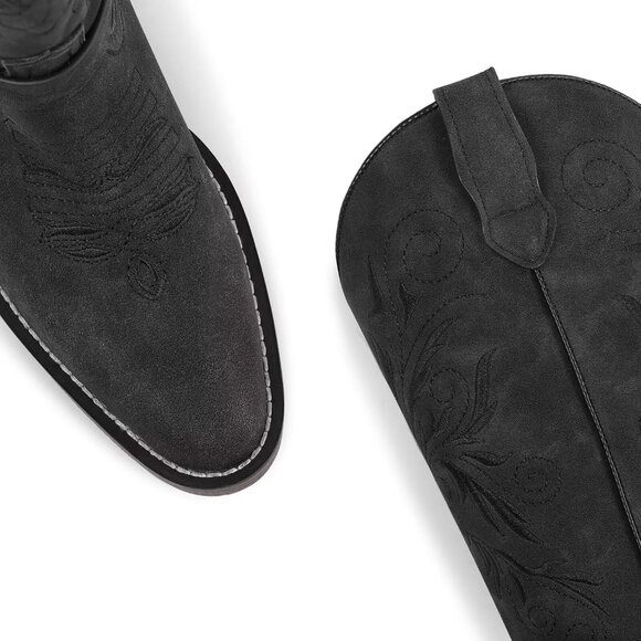 Women's Embroidered Black Removable Belt Low Block Heel Round Western Boots - Picture 3 of 6